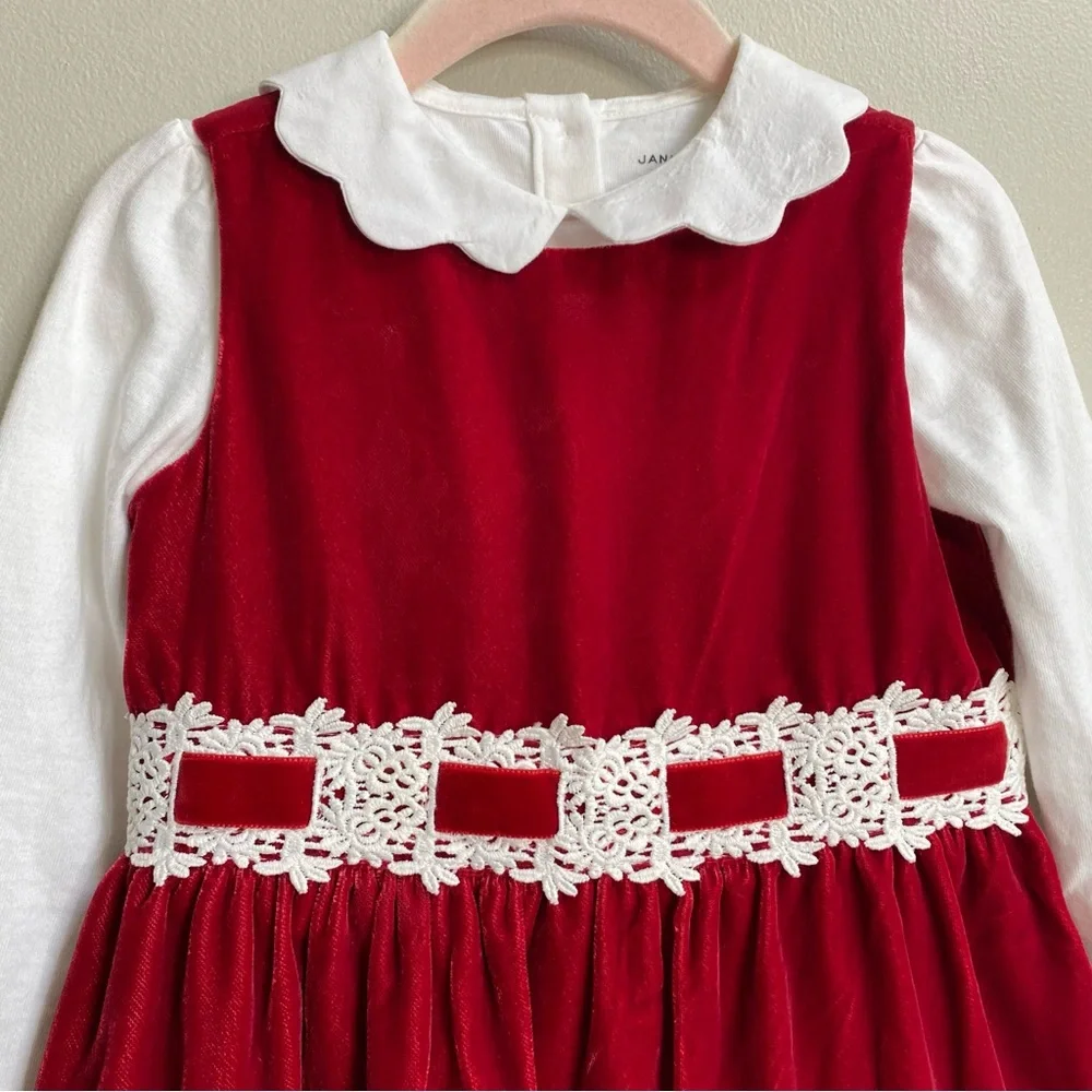 Janie And Jack Red Velvet Holiday Dress With Scallop Collar Top Size 3